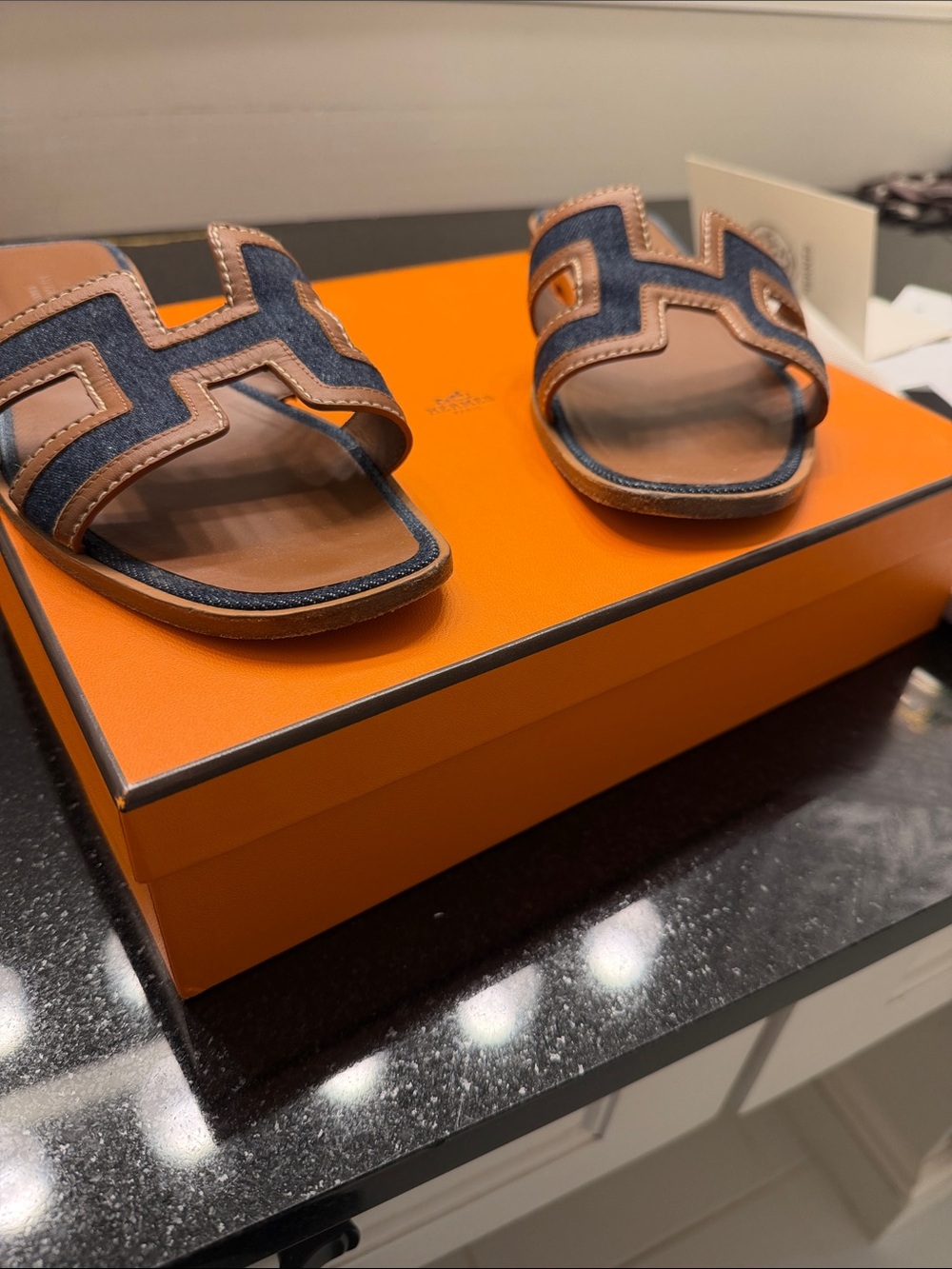 Hermes Denim Navy and Brown Oran Slide Sandals 39 - Picture 5 of 5